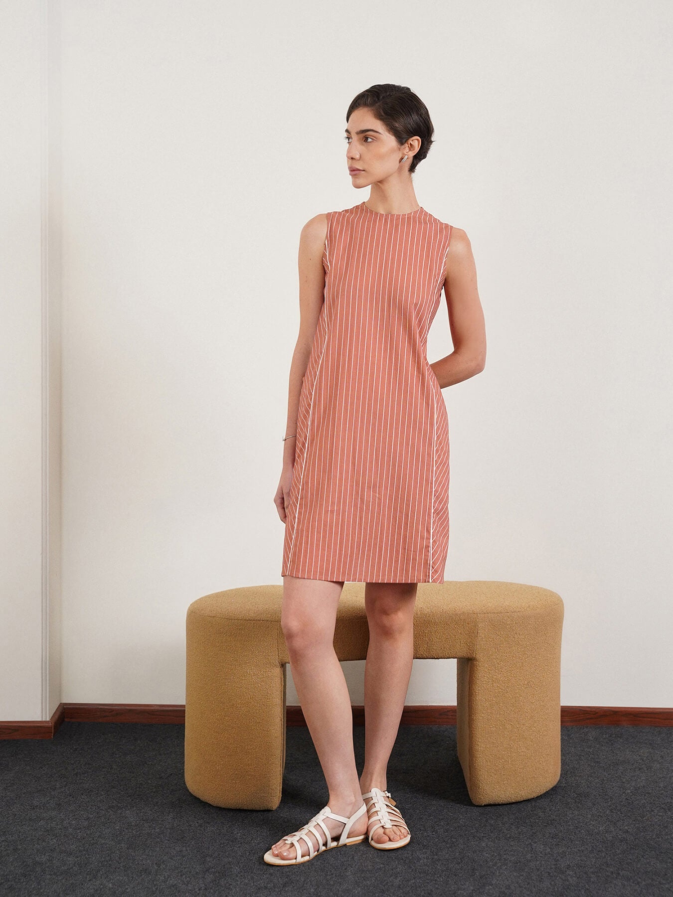 Cotton Striped Shift Dress - Peach