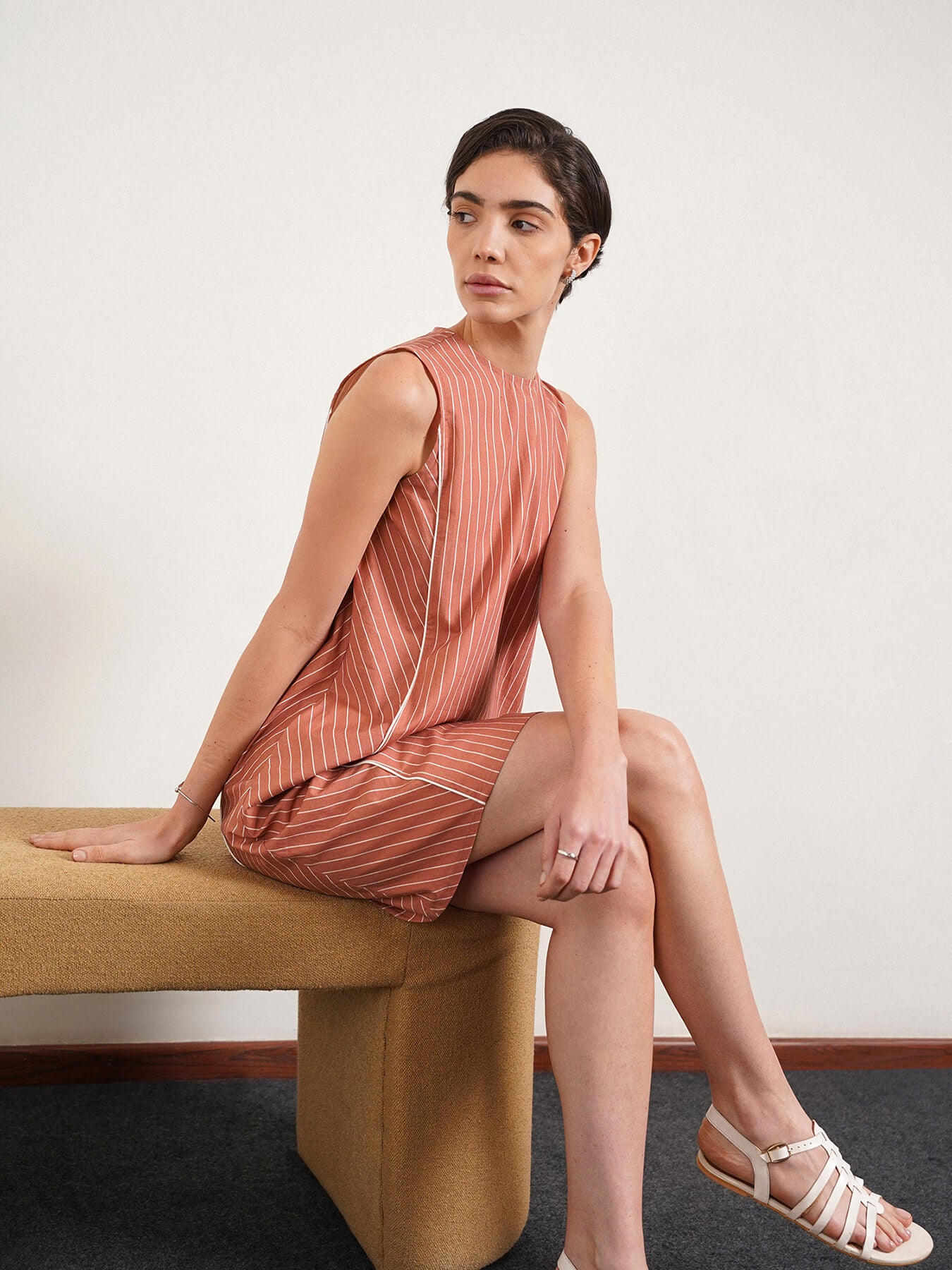 Cotton Striped Shift Dress - Peach