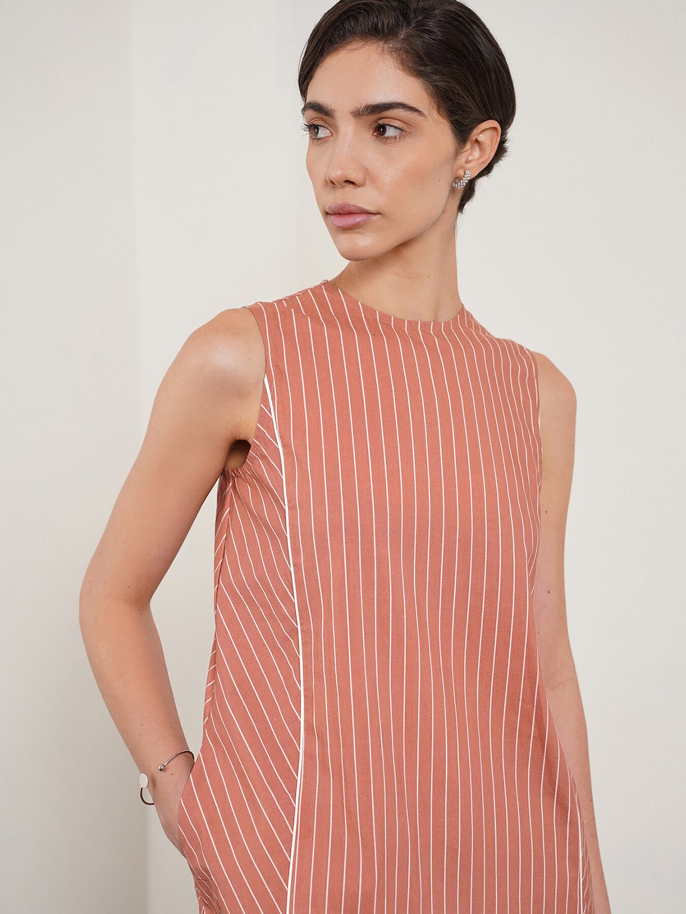Cotton Striped Shift Dress - Peach