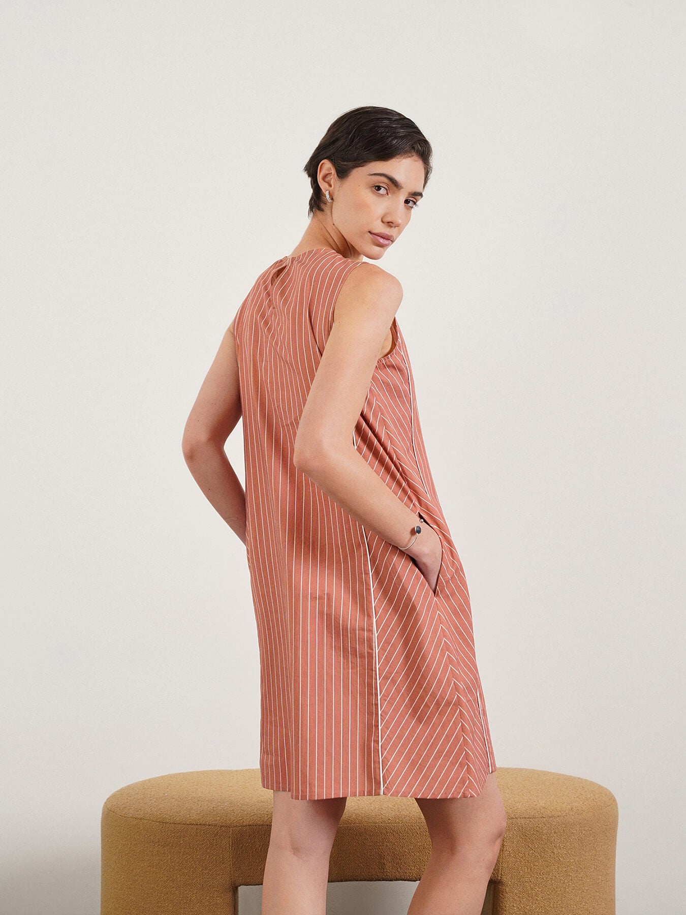 Cotton Striped Shift Dress - Peach