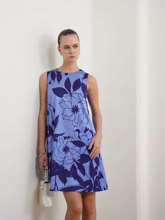 Satin Floral Shift Dress - Blue