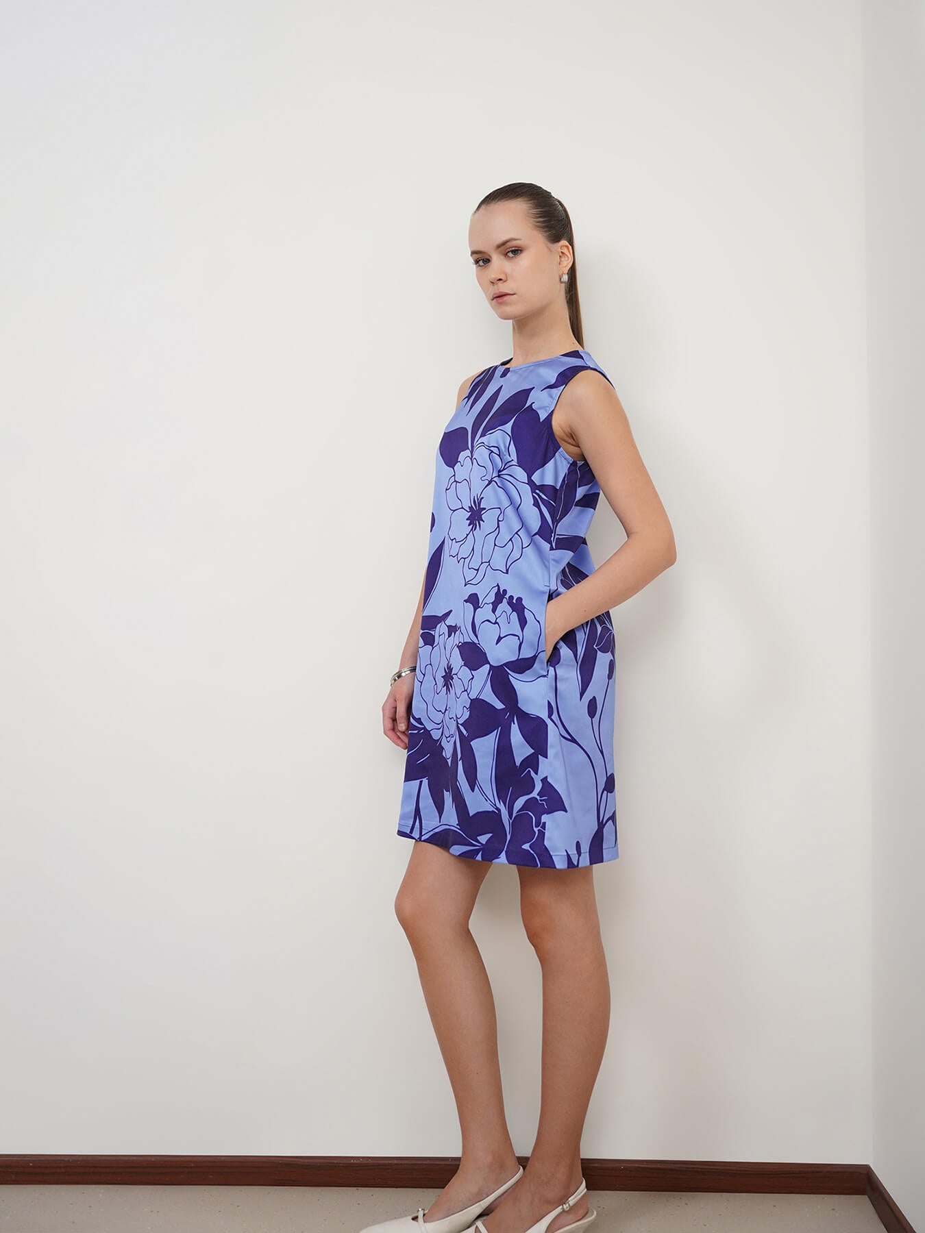 Satin Floral Shift Dress - Blue