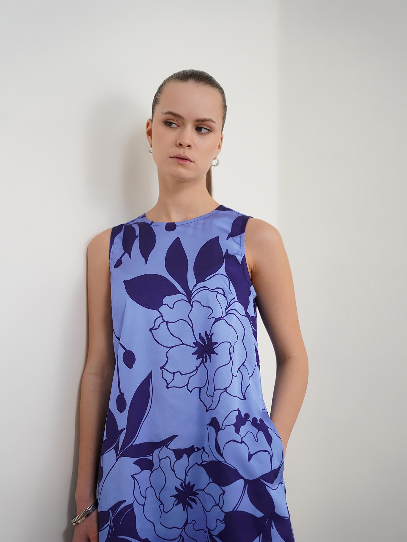 Satin Floral Shift Dress - Blue