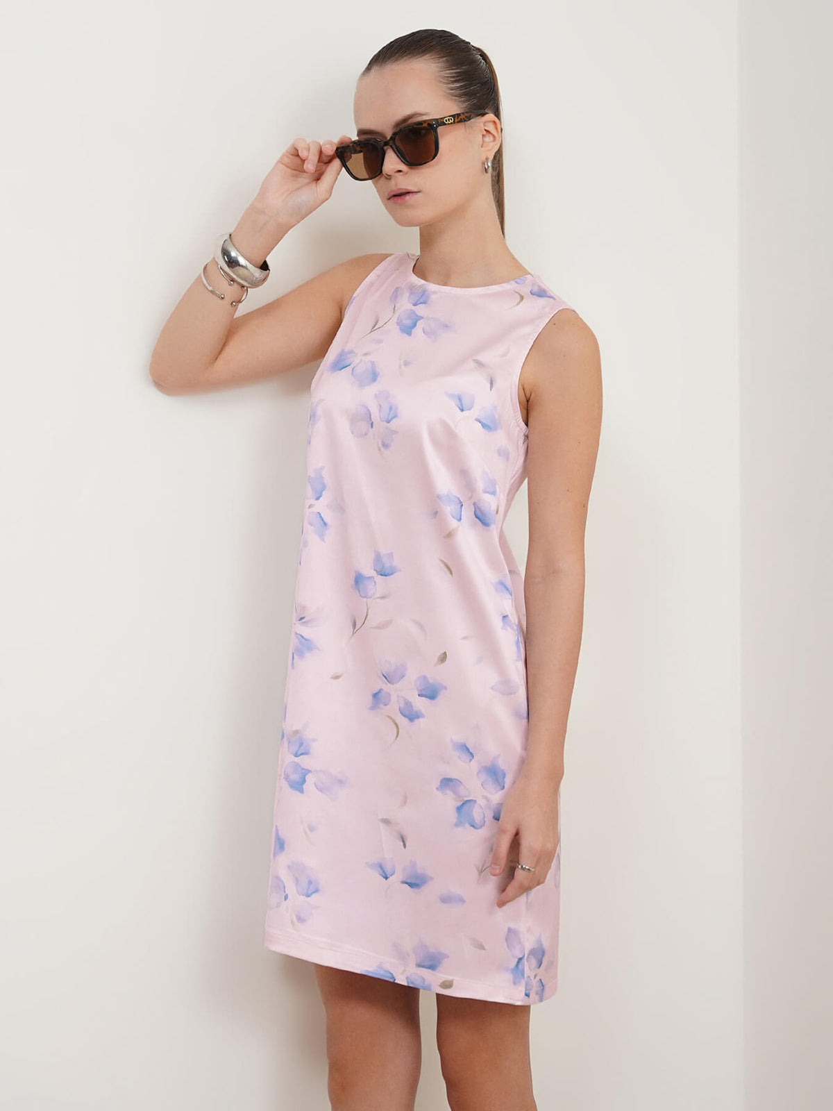 Satin Floral Shift Dress - Pink