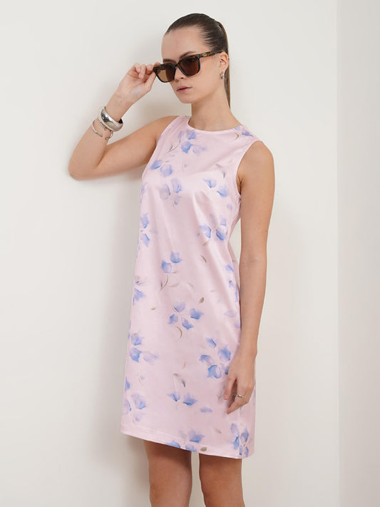 Satin Floral Shift Dress - Pink
