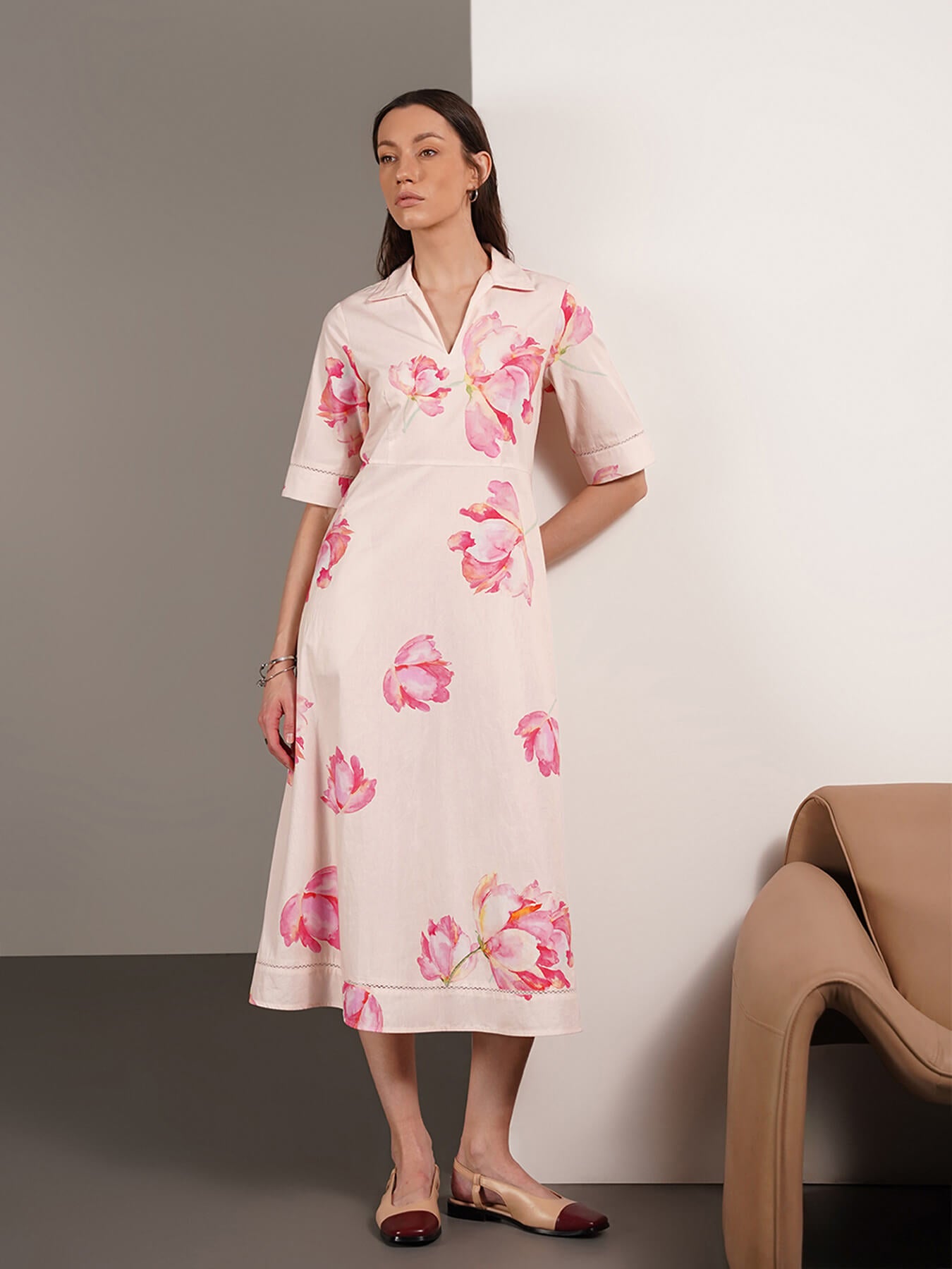Pure Cotton Floral Fit and Flare Dress - Off-White