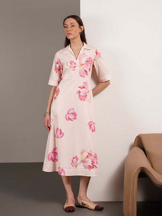 Pure Cotton Floral Fit and Flare Dress - Off-White