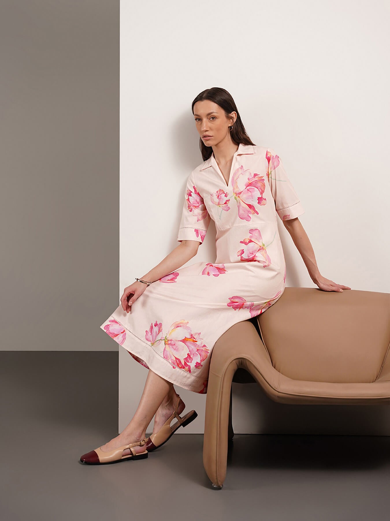 Pure Cotton Floral Fit and Flare Dress - Off-White