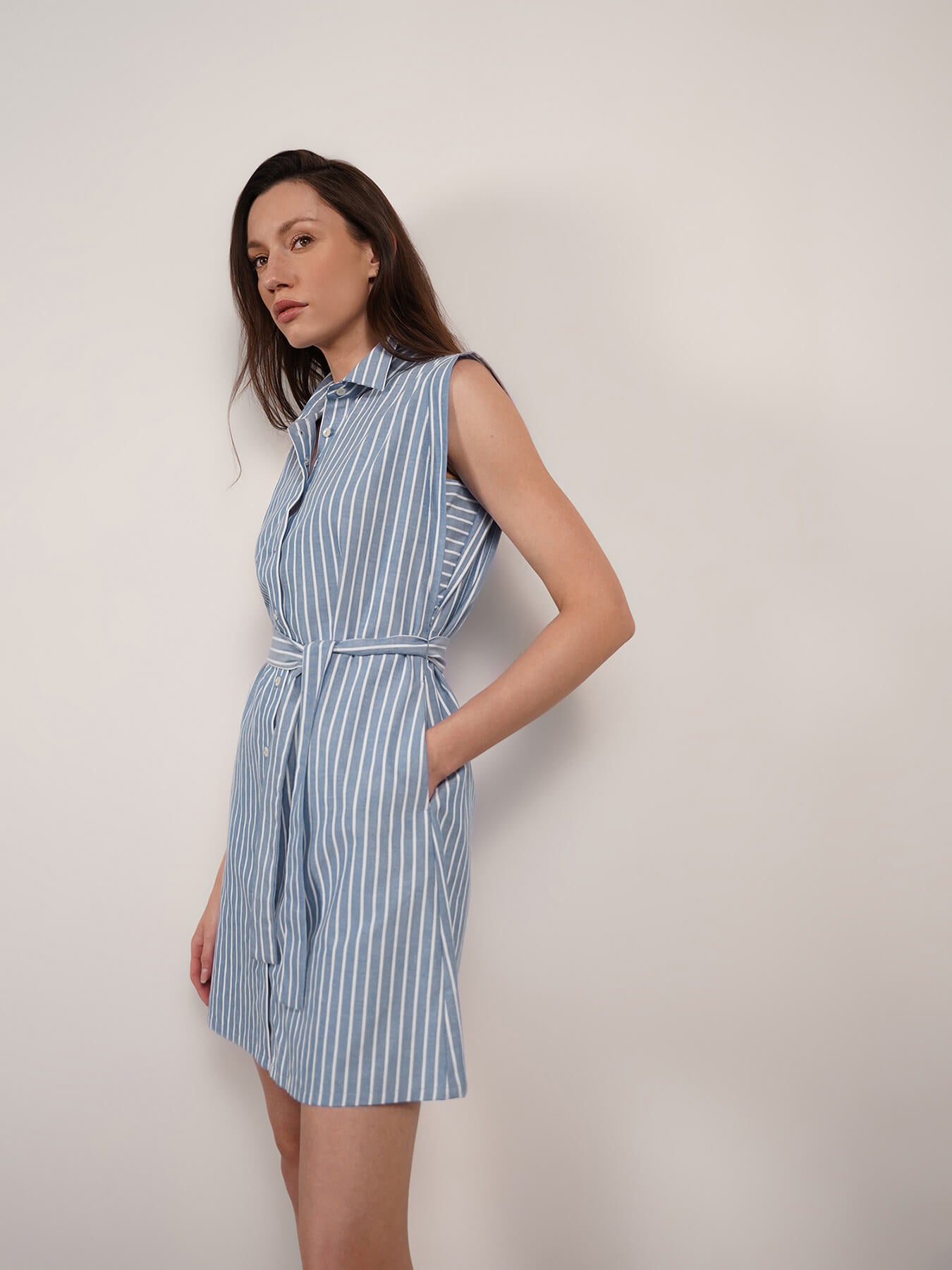 Cotton Striped Shirt Dress - Blue