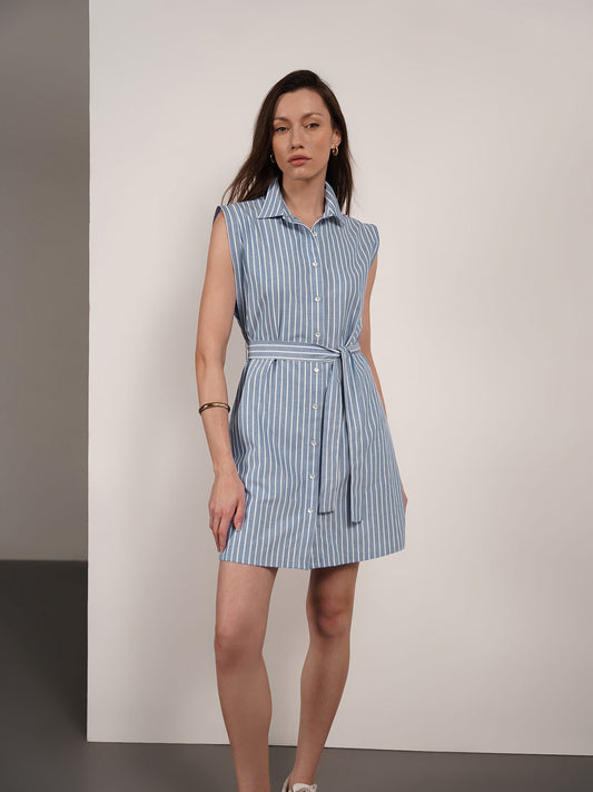 Cotton Striped Shirt Dress - Blue