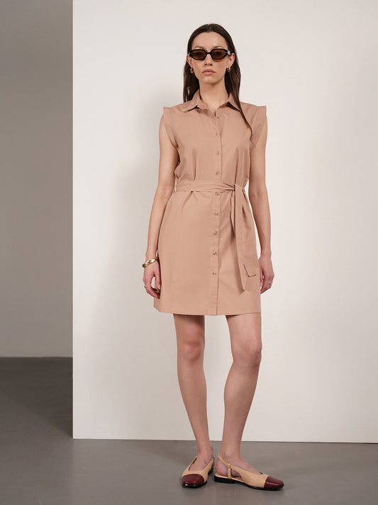 Pure Cotton Shirt Dress - Brown