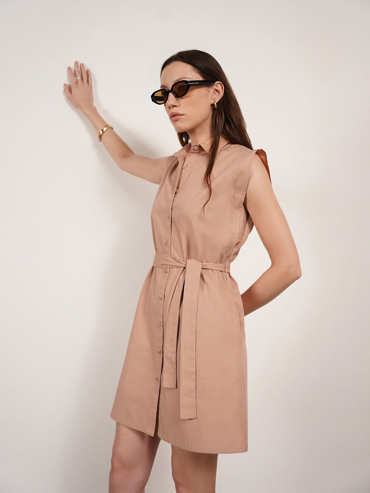 Pure Cotton Shirt Dress - Brown