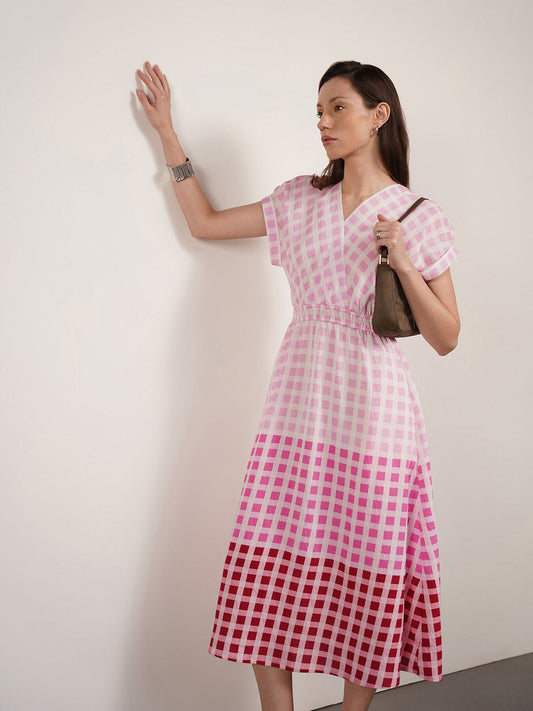 Viscose Checkered Fit And Flare Dress - Pink