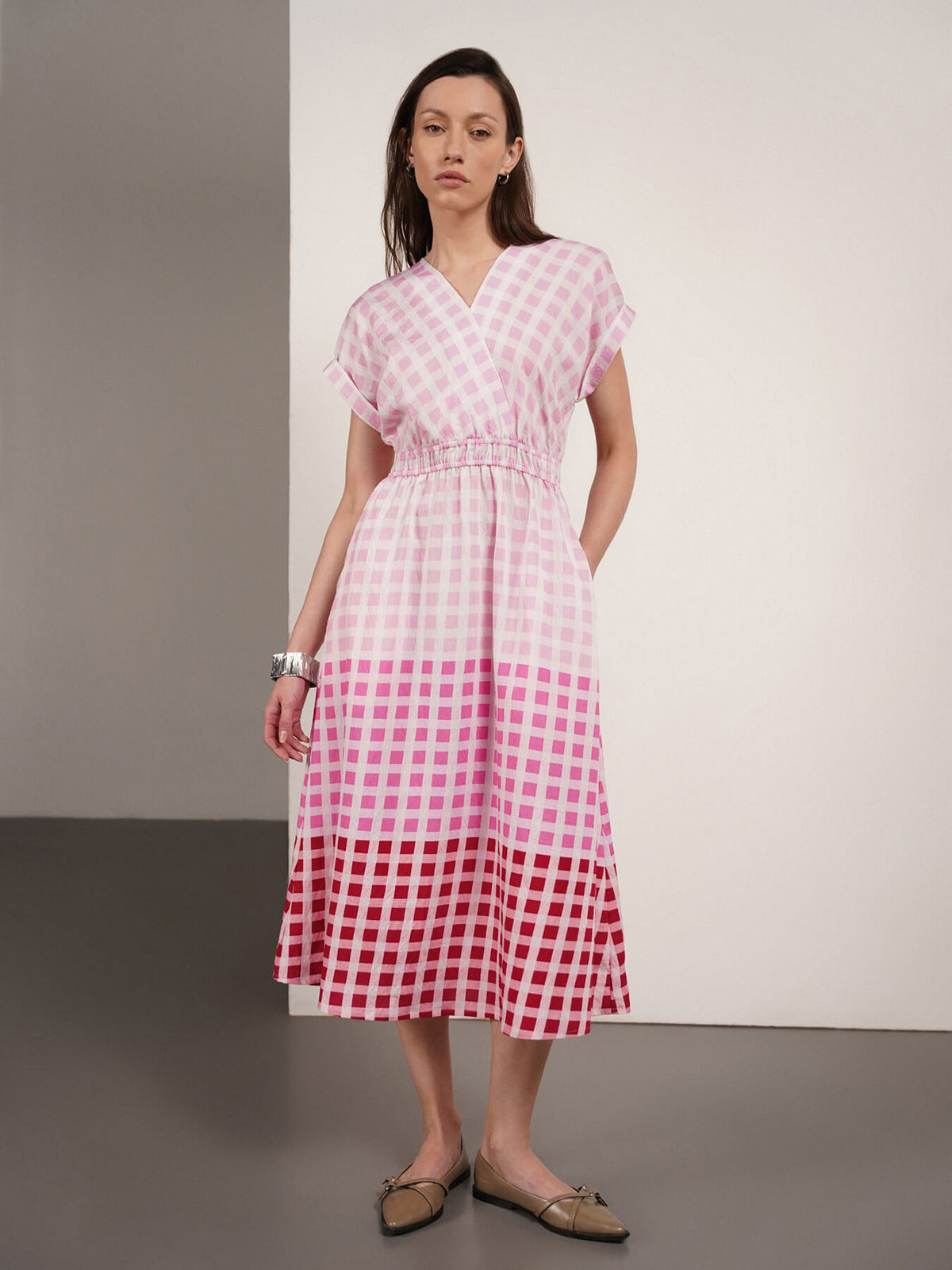 Viscose Checkered Fit And Flare Dress - Pink