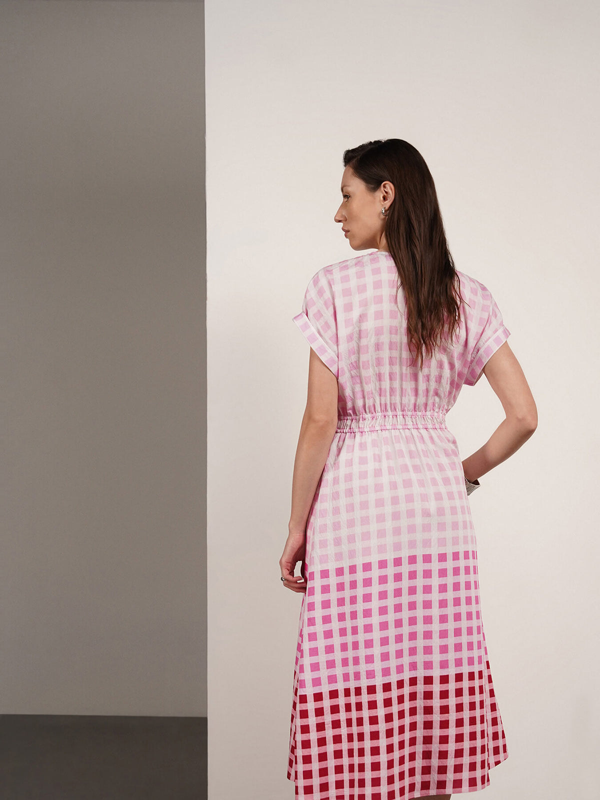 Viscose Checkered Fit And Flare Dress - Pink