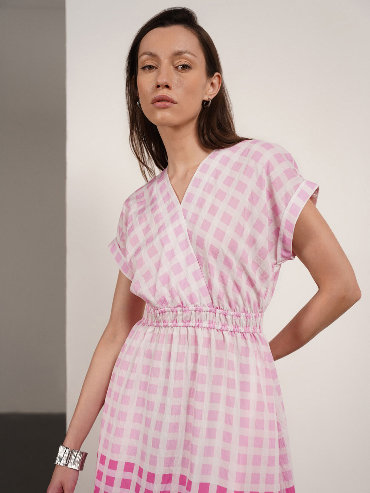 Viscose Checkered Fit And Flare Dress - Pink