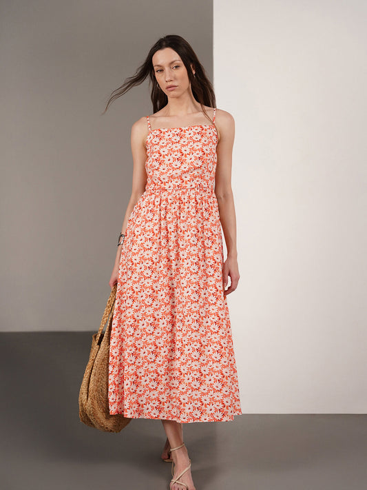 Viscose Floral Fit and Flare Dress - Orange