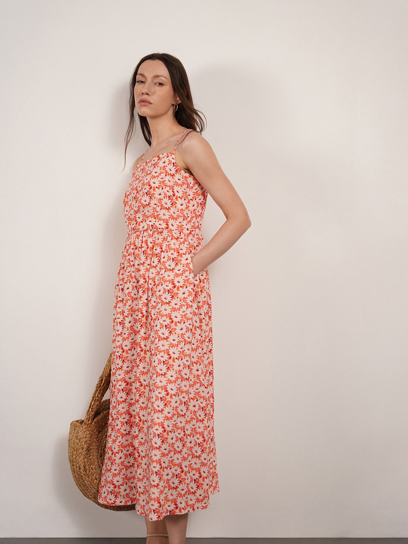 Viscose Floral Fit and Flare Dress - Orange