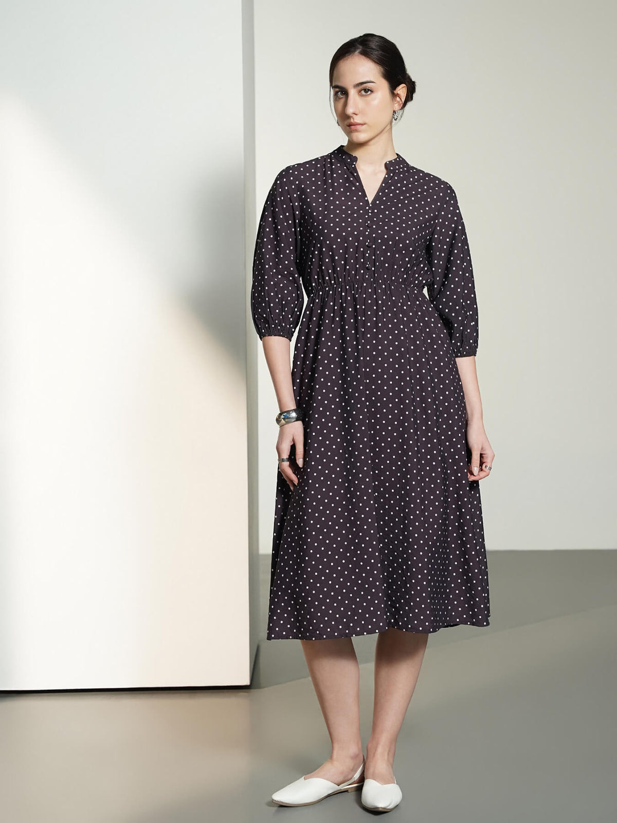 A-Line Polka Midi Dress - Plum