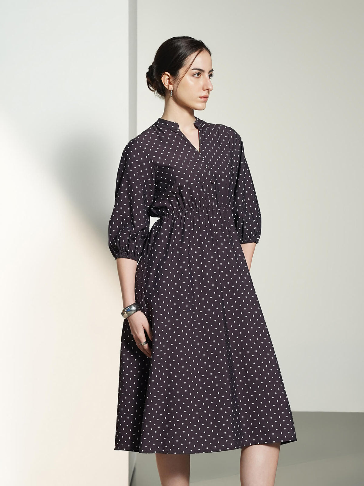 A-Line Polka Midi Dress - Plum