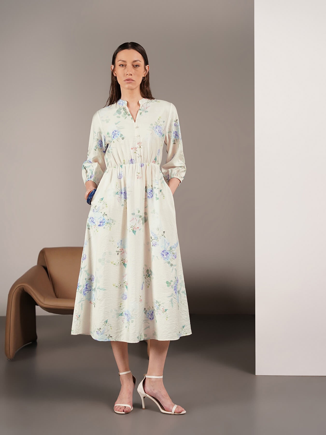Floral Fit and Flare Dress - Off-White