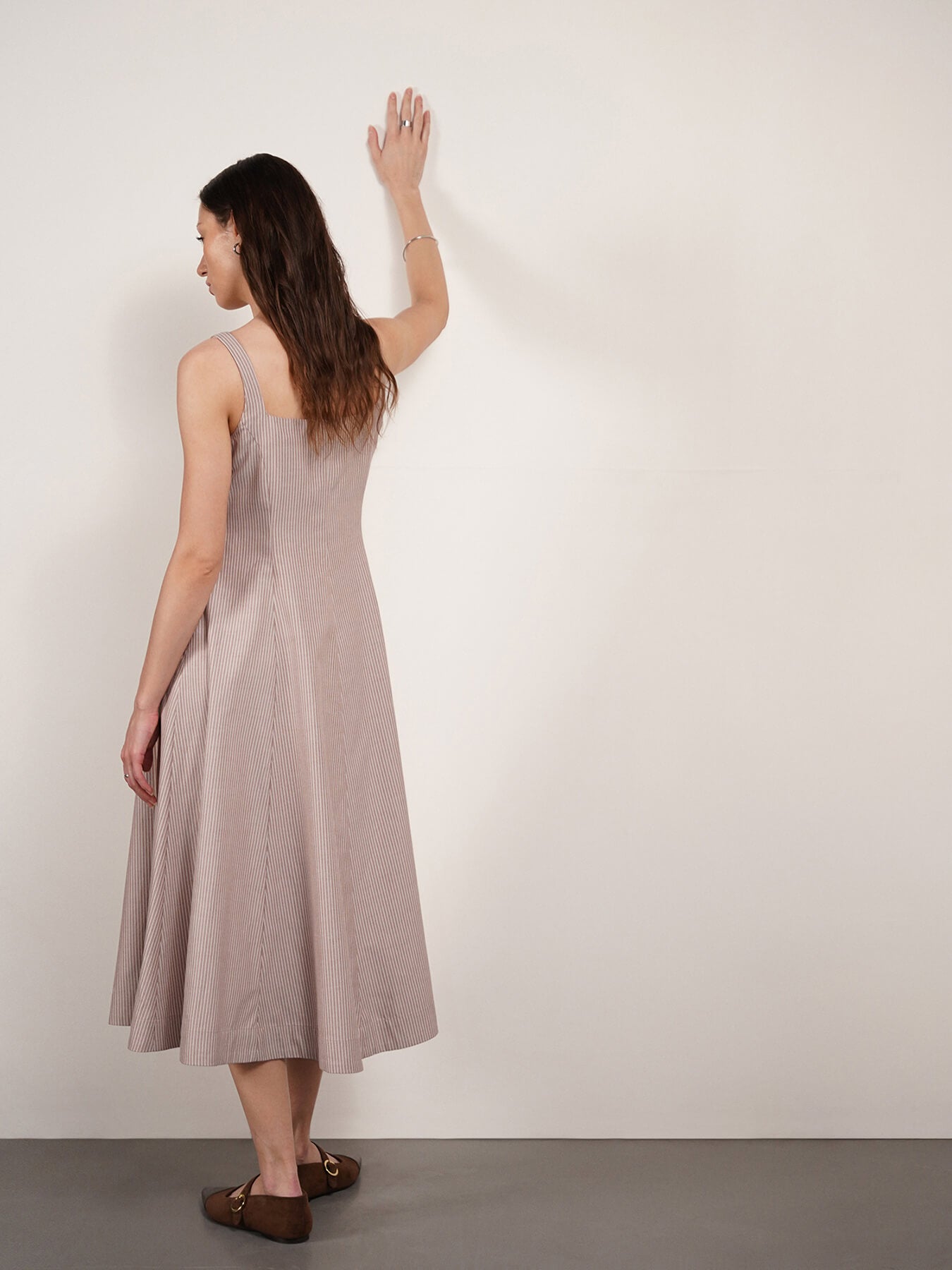Cotton Striped Fit and Flare Dress - Brown