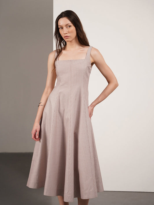 Cotton Striped Fit and Flare Dress - Brown