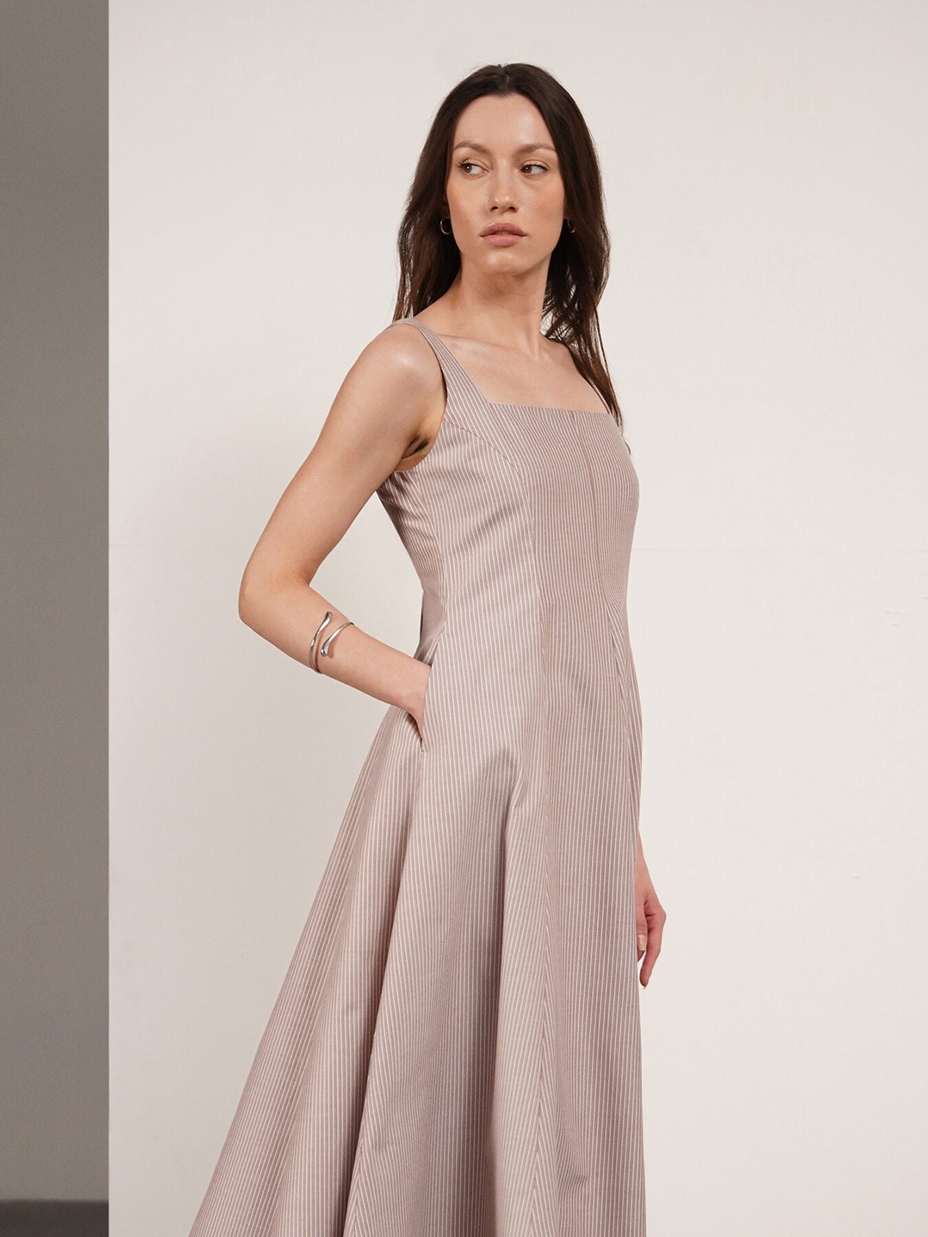 Cotton Striped Fit and Flare Dress - Brown