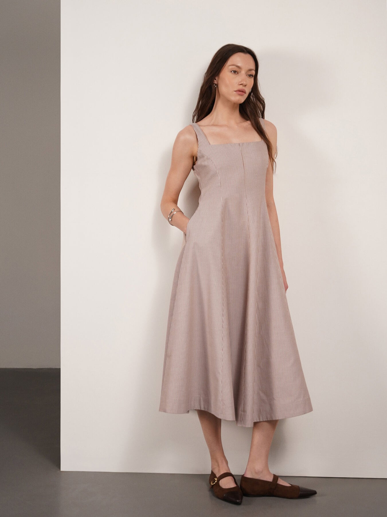 Cotton Striped Fit and Flare Dress - Brown