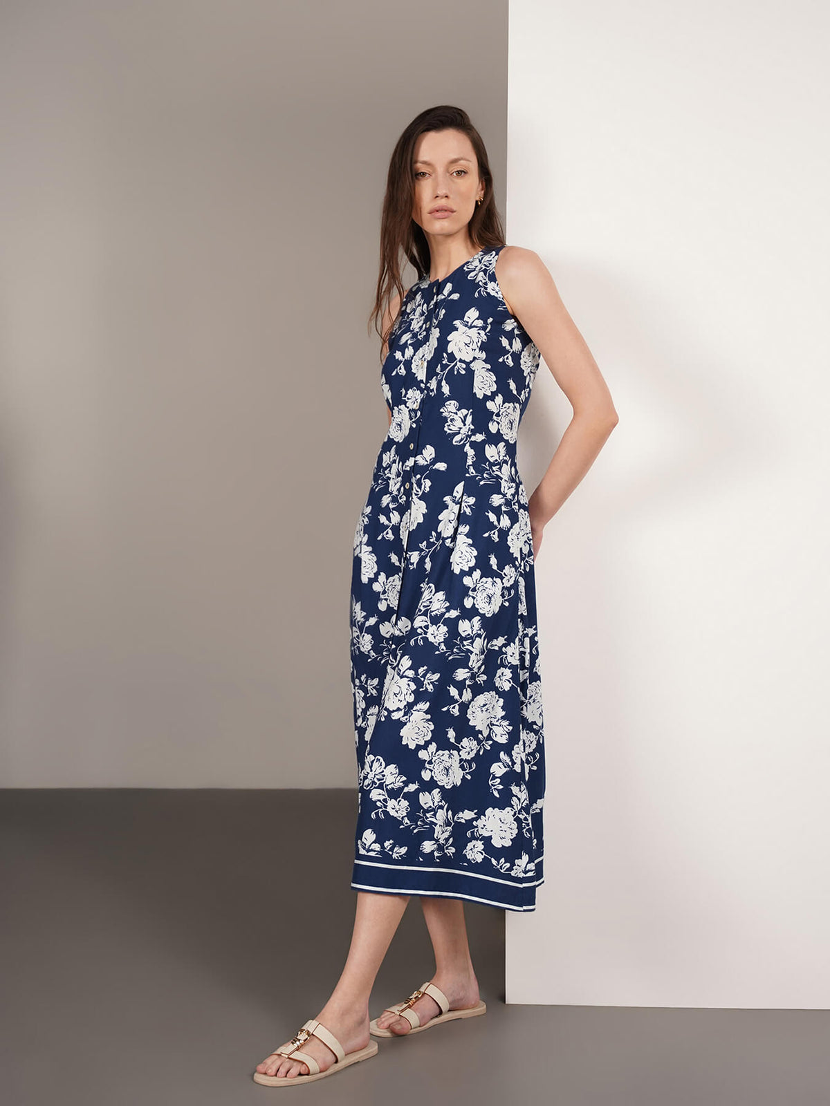 Viscose Floral Fit and Flare Dress - Blue