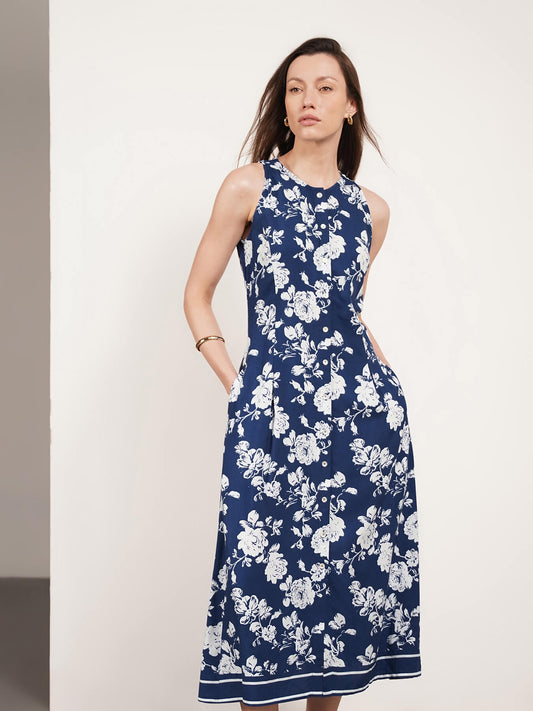 Viscose Floral Fit and Flare Dress - Blue