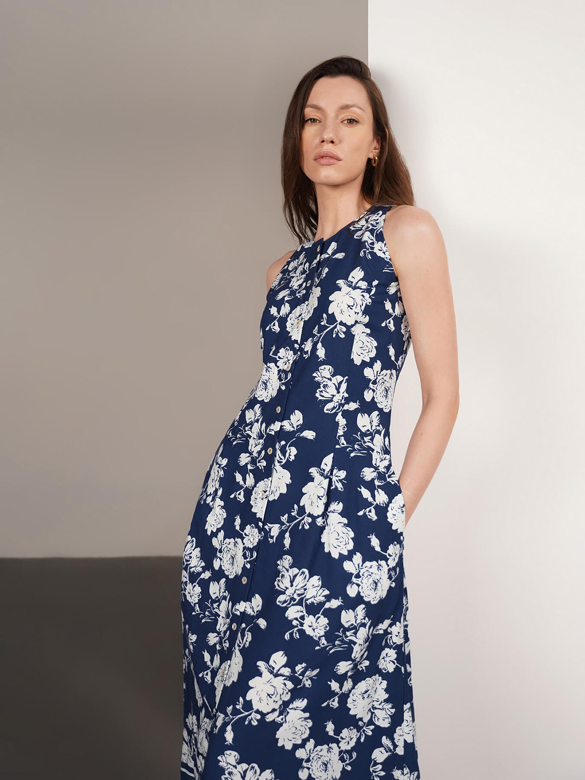 Viscose Floral Fit and Flare Dress - Blue