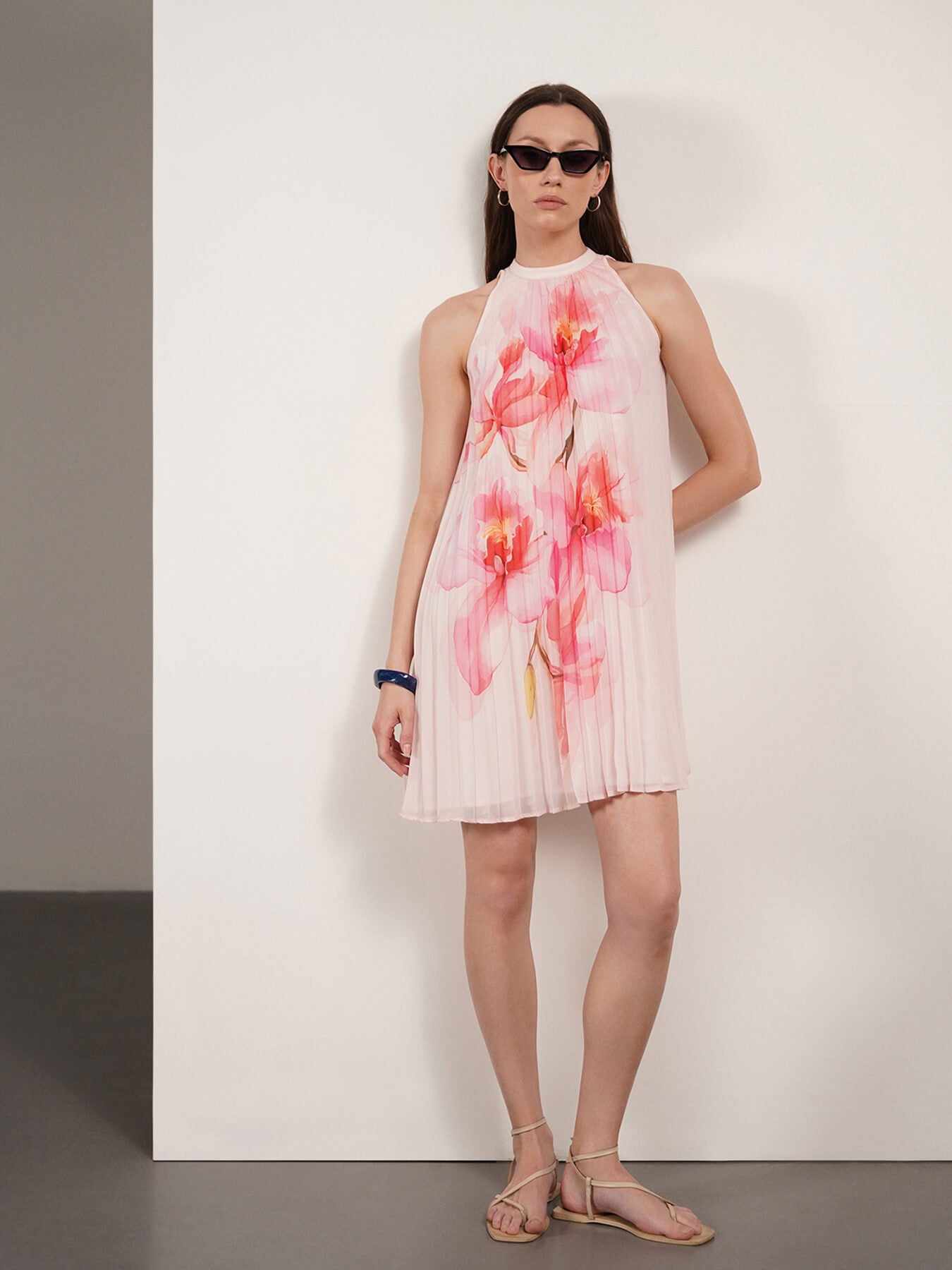 Pleated Floral A-Line Dress- Pink