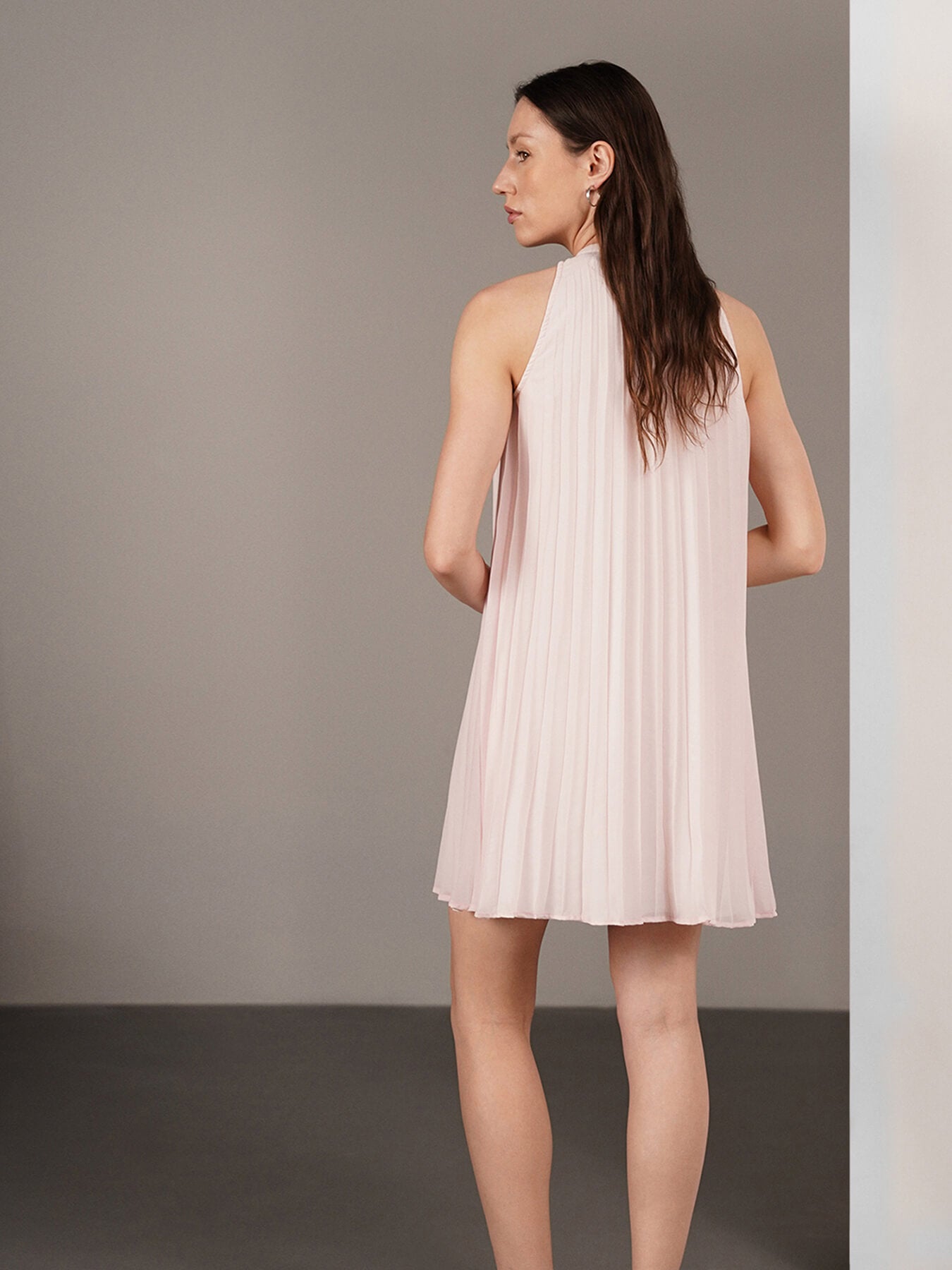 Pleated Floral A-Line Dress- Pink