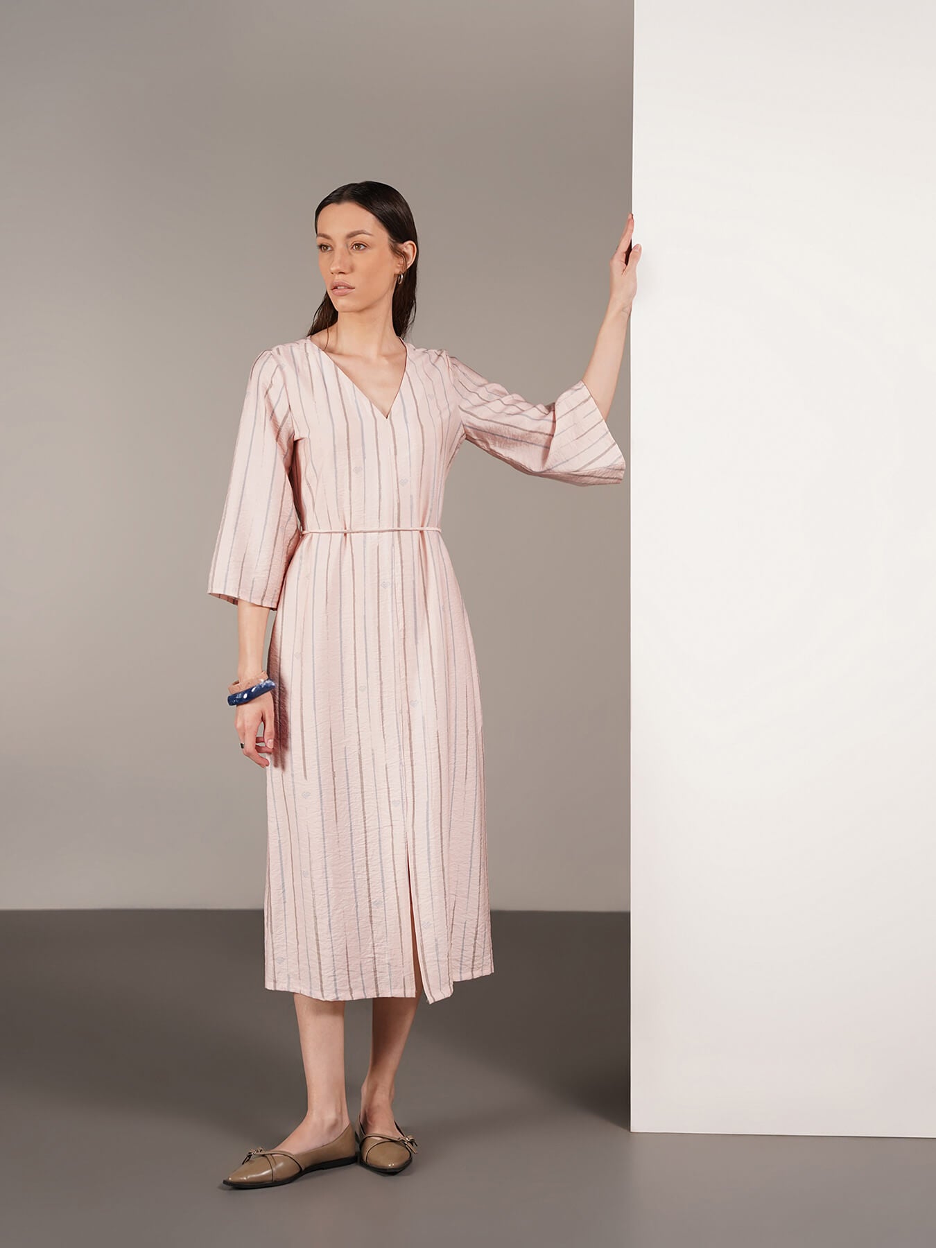 Viscose Striped A-Line Dress - Peach