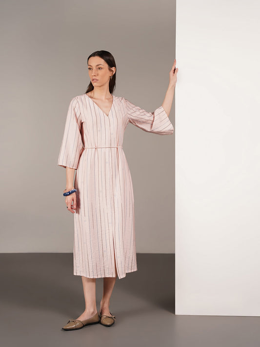 Viscose Striped A-Line Dress - Peach