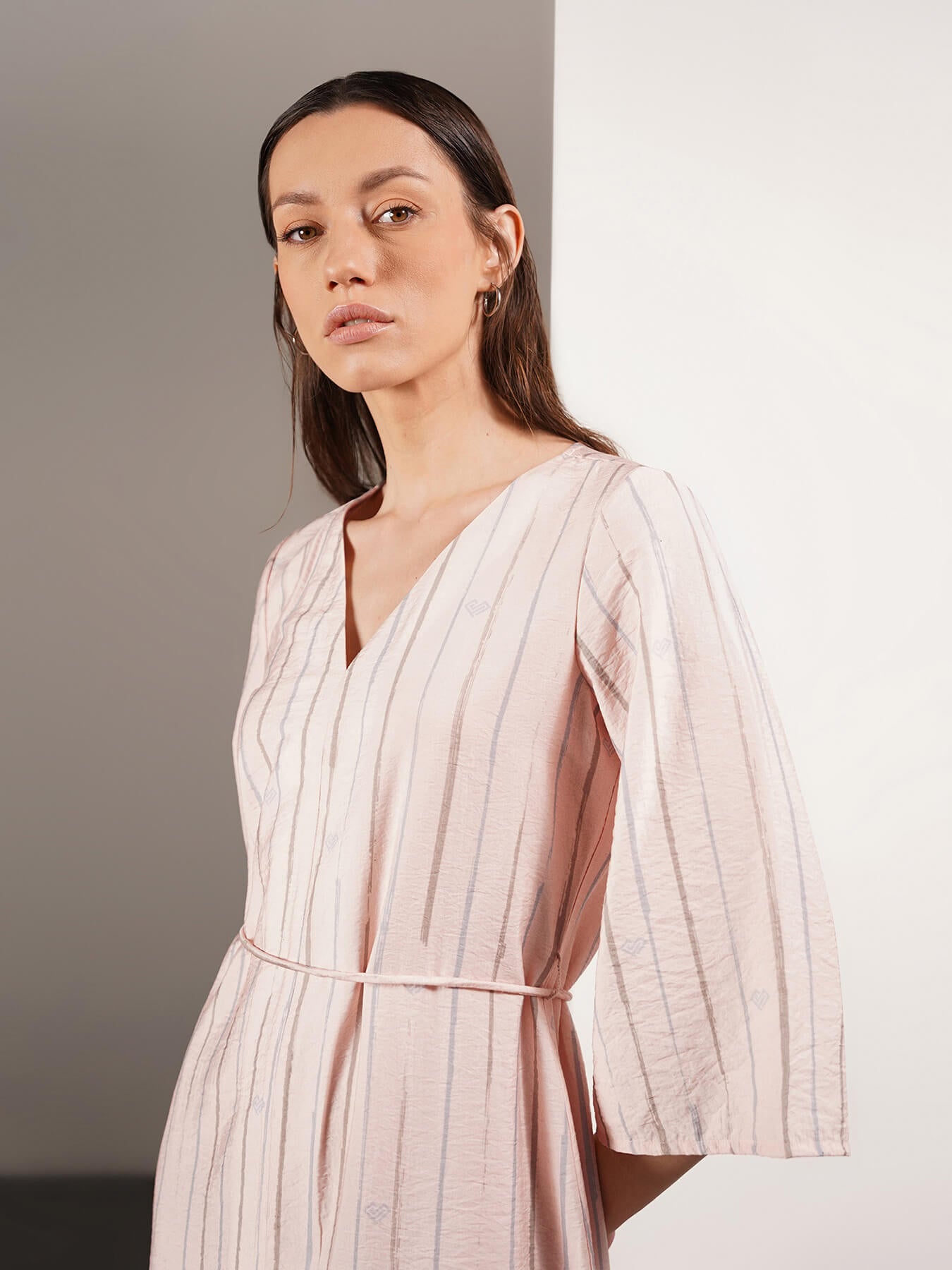 Viscose Striped A-Line Dress - Peach