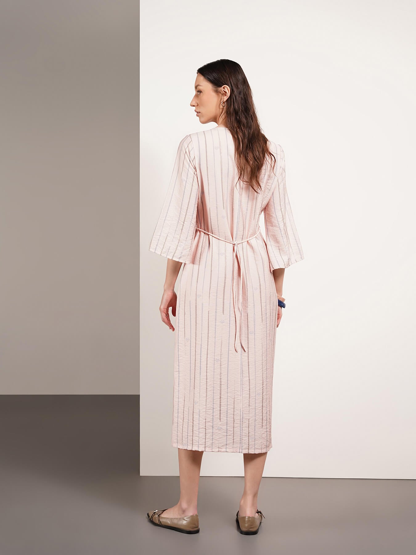 Viscose Striped A-Line Dress - Peach