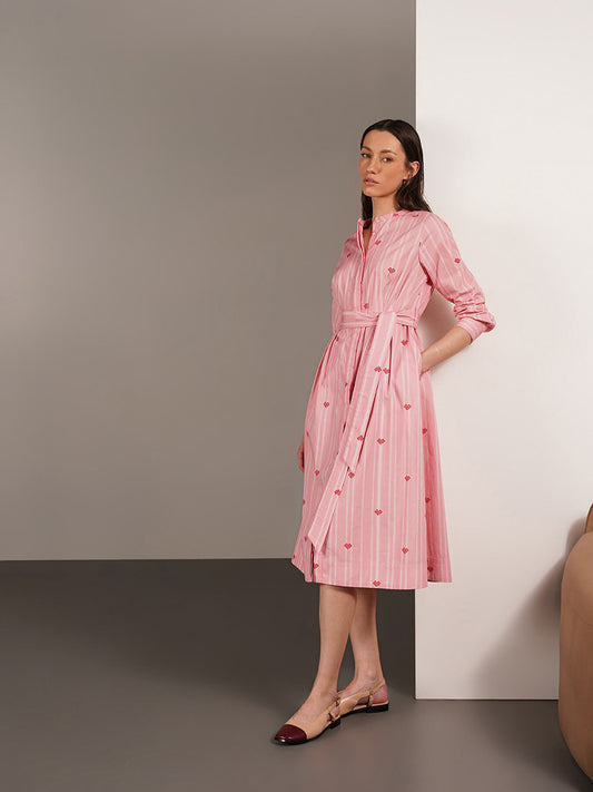 Pure Cotton Striped Shirt Dress - Pink