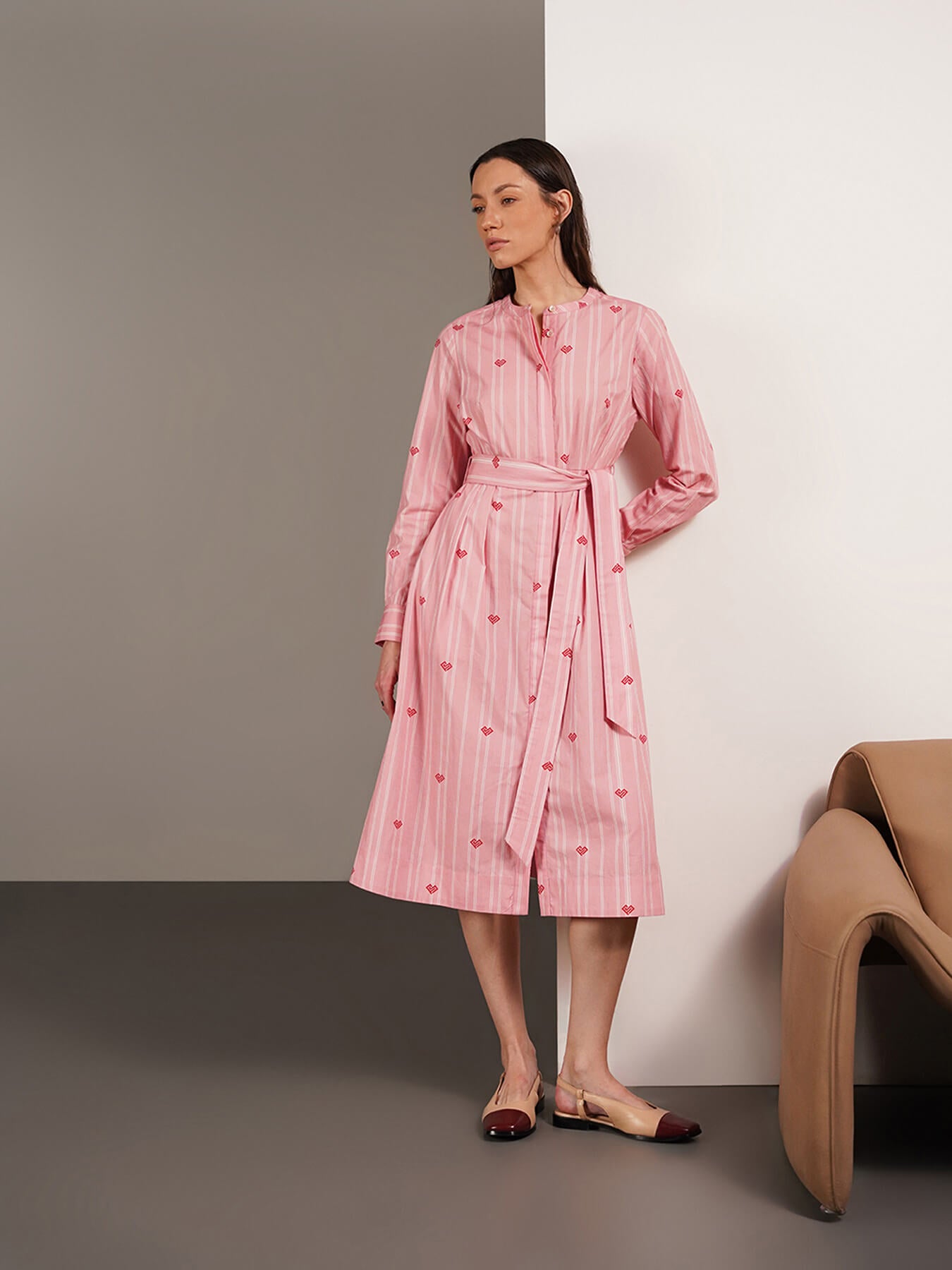 Pure Cotton Striped Shirt Dress - Pink