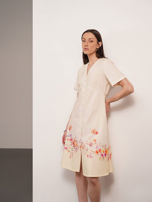 Pure Cotton Floral A-Line Dress - Off White