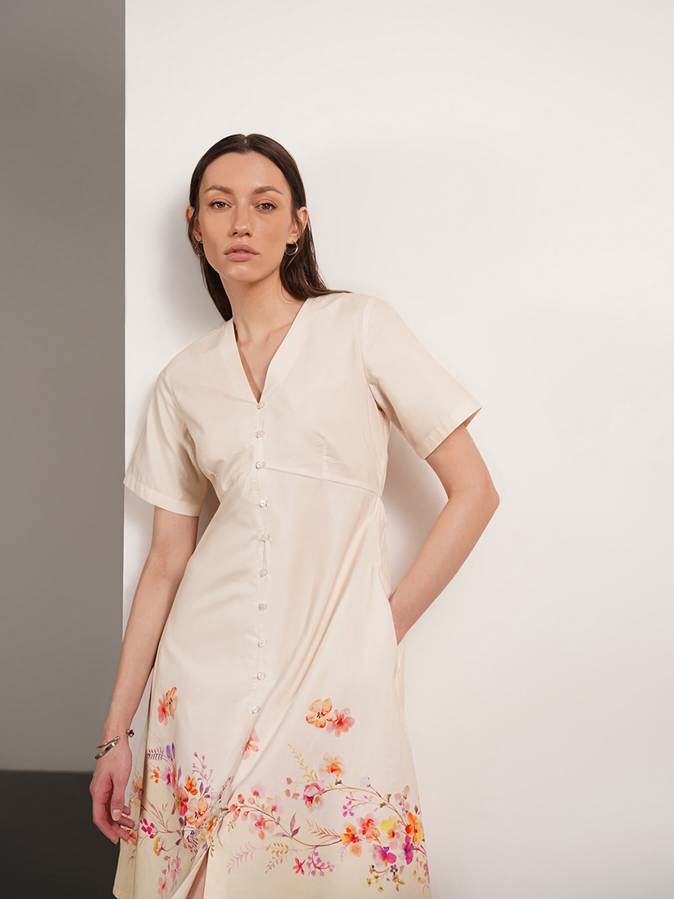 Pure Cotton Floral A-Line Dress - Off White