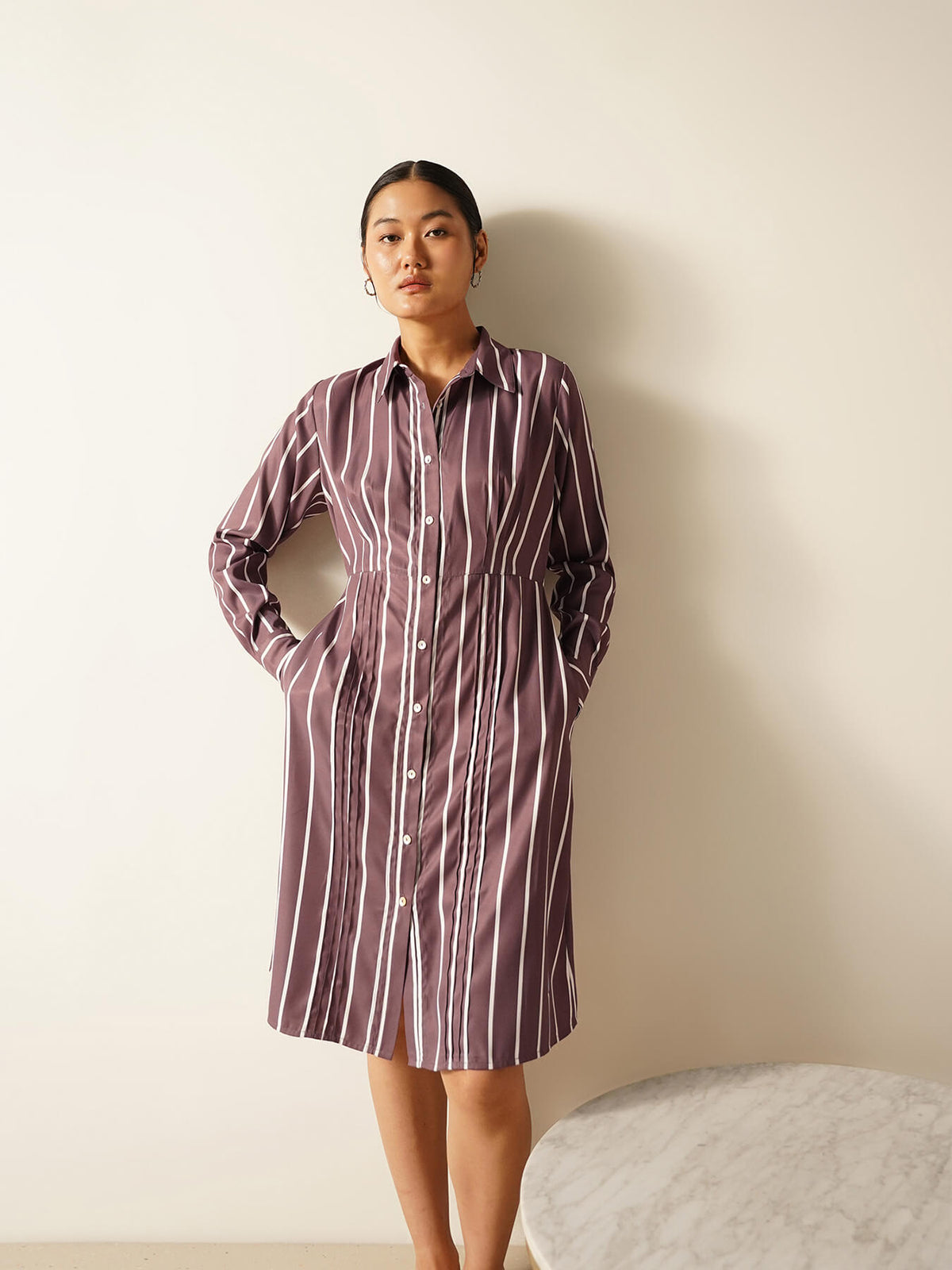 Striped A-Line Shirt Dress - Brown