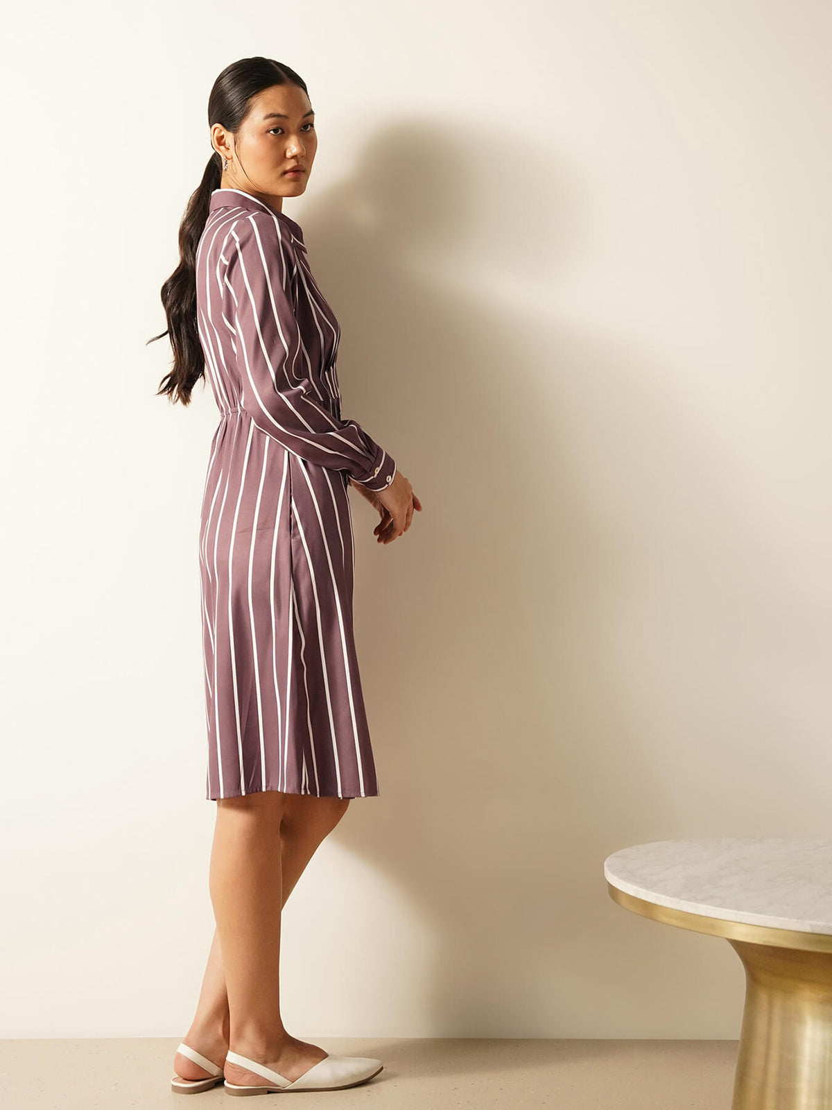 Striped A-Line Shirt Dress - Brown