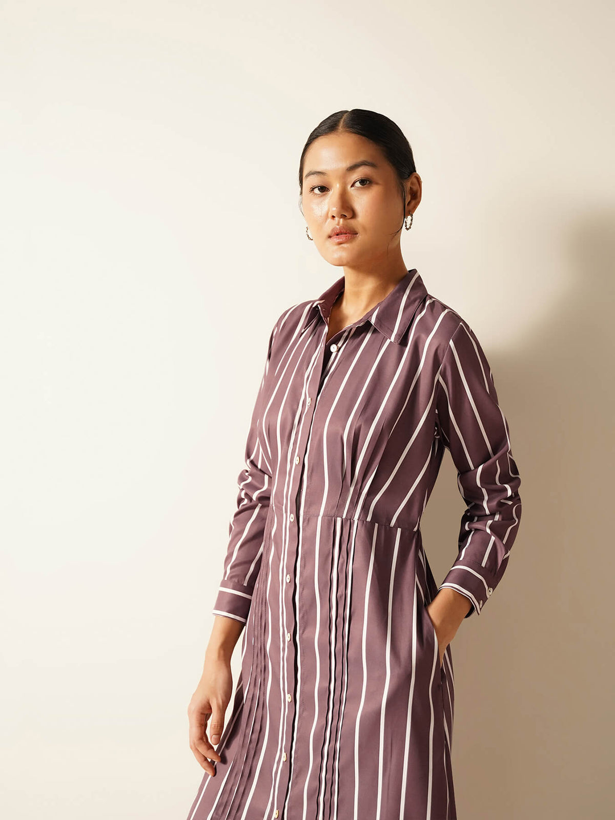 Striped A-Line Shirt Dress - Brown