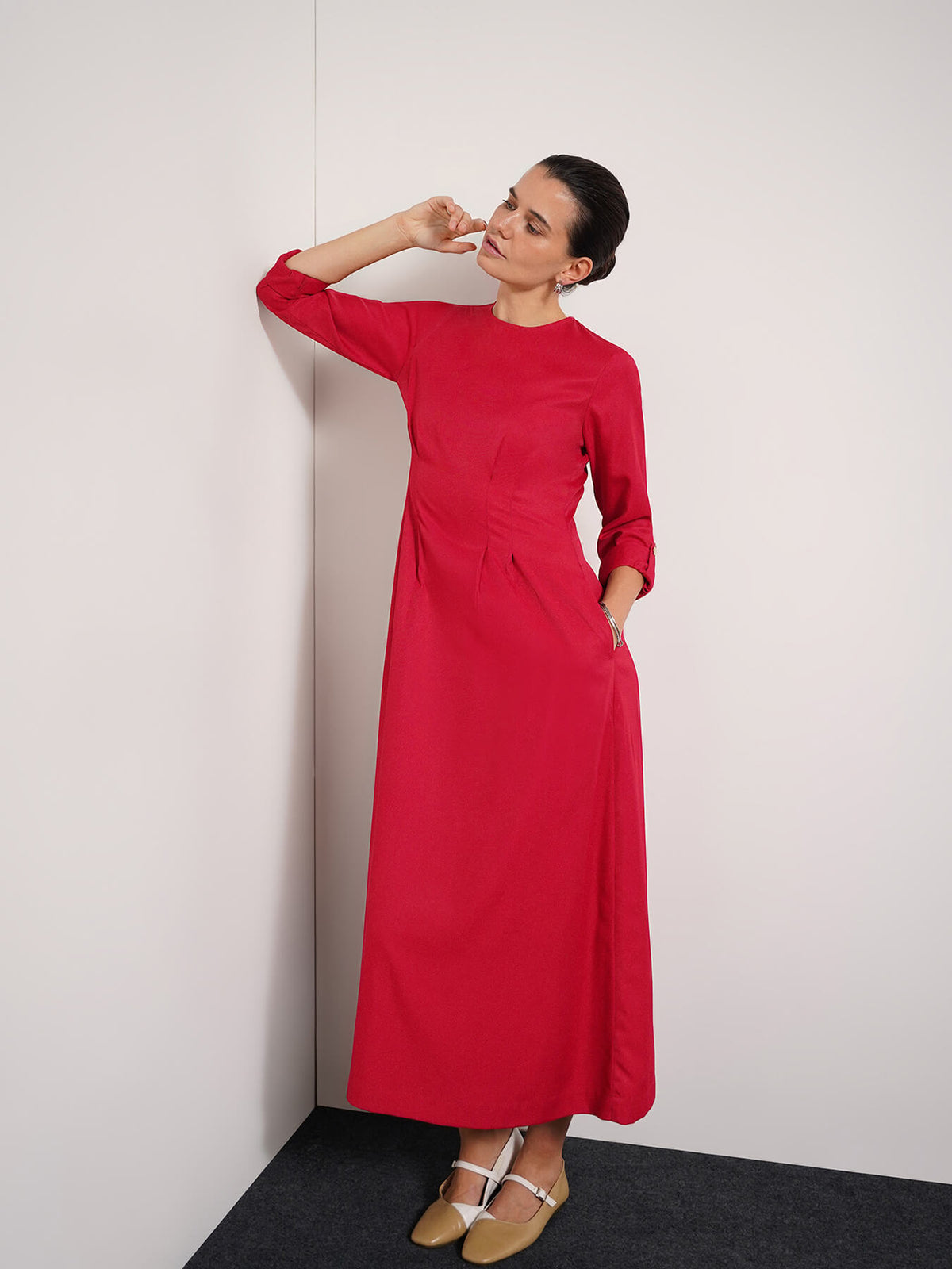 Round neck A-line Dress - Red