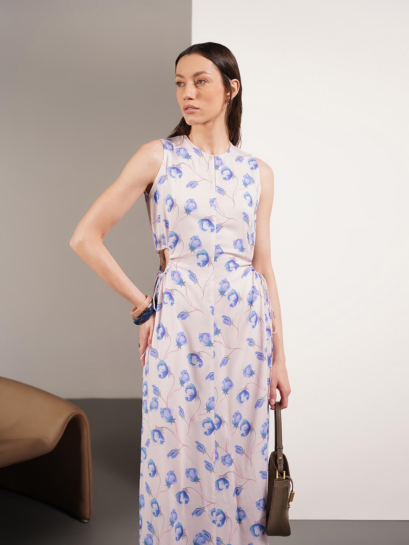Viscose Floral A-Line Maxi Dress - Pink