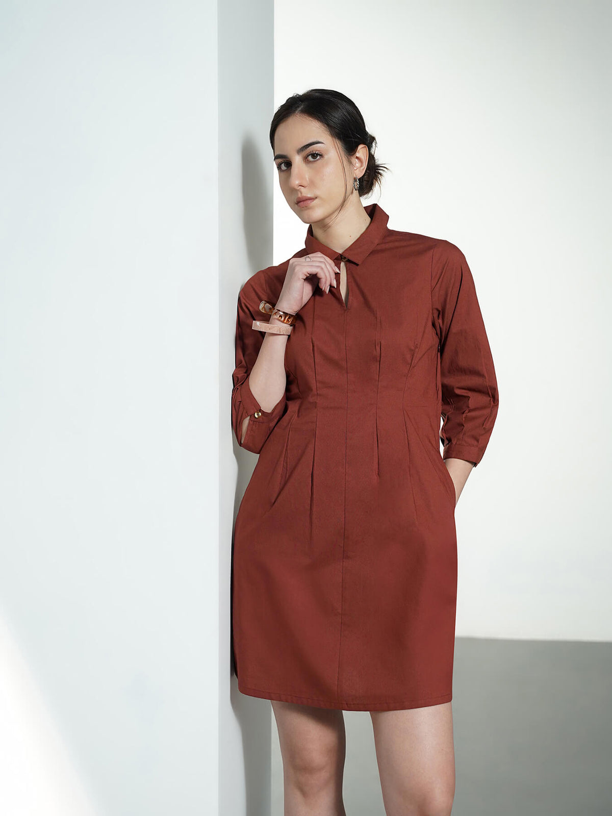 Pure Cotton Shift Dress - Brown
