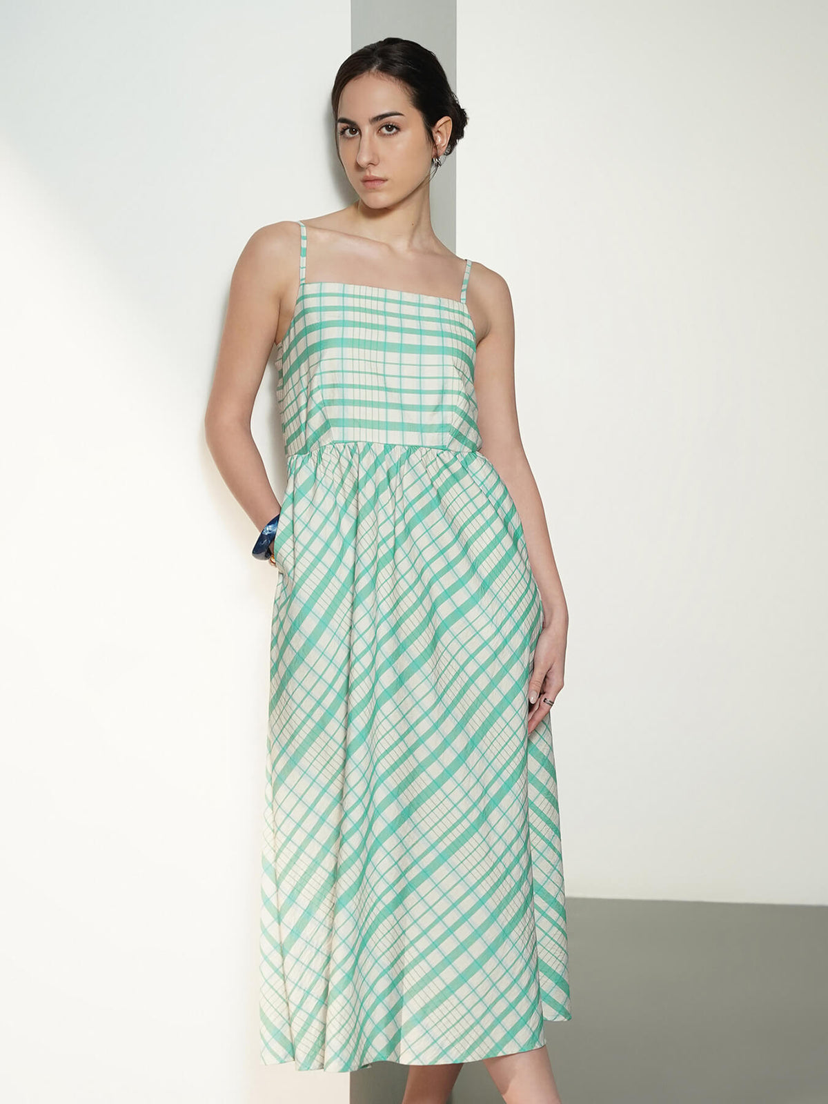 Plaid Fit and Flare Dress - White