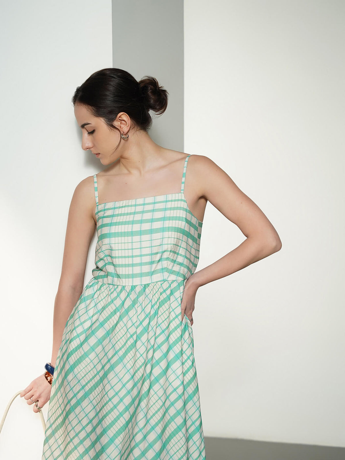 Plaid Fit and Flare Dress - White